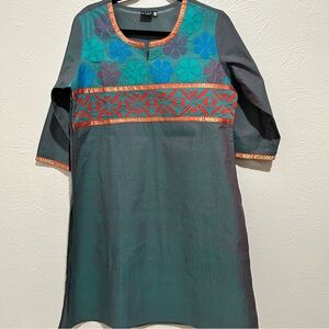 Elegant Teal Long Sleeve Tunic Dress with Blue and Orange Accents Large